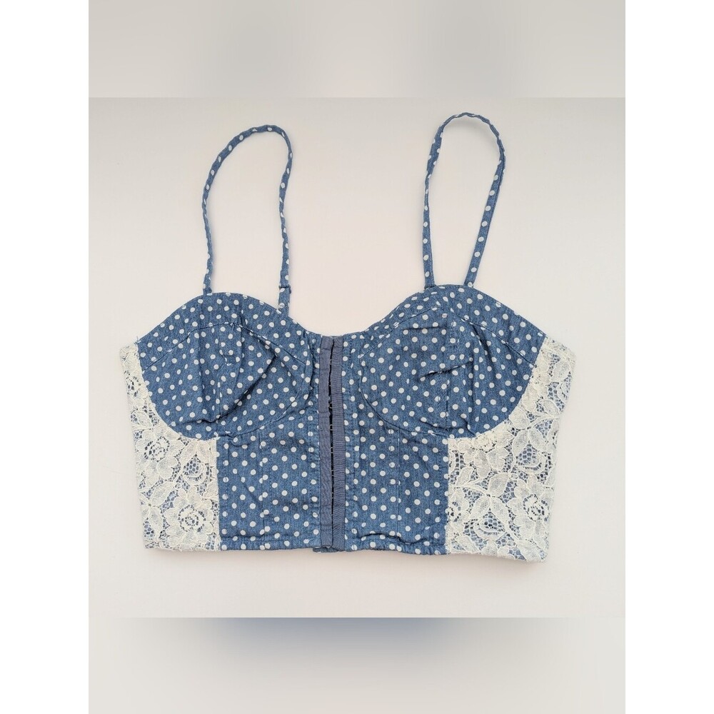 Women's (Size M) Front-Close Polka-Dot Bustier/Corset/Crop Top w/Lace Panels